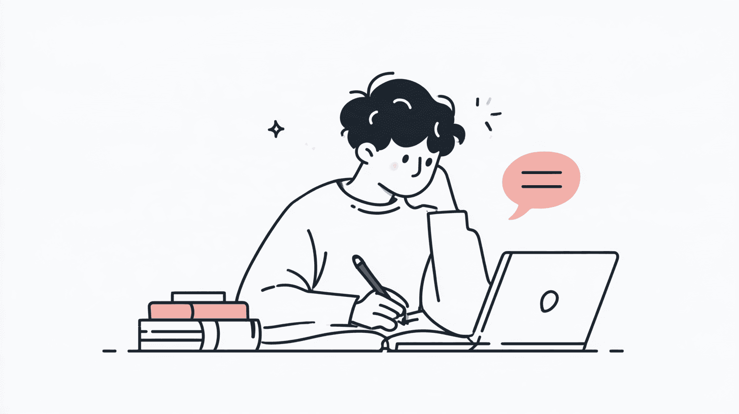 Illustrazione editoriale a linee: ragazzo alla scrivania che scrive a mano accanto al portatile, con un fumetto di chat, accenti corallo su fondo off-white — senza testo leggibile.