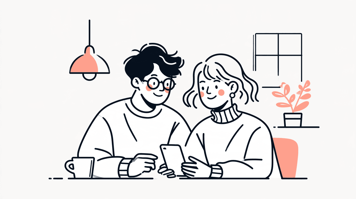 Illustrazione editoriale a linee: coppia al tavolo che guarda insieme uno smartphone, lampada a sospensione, tazza e pianta, accenti corallo su fondo off-white — senza testo leggibile.
